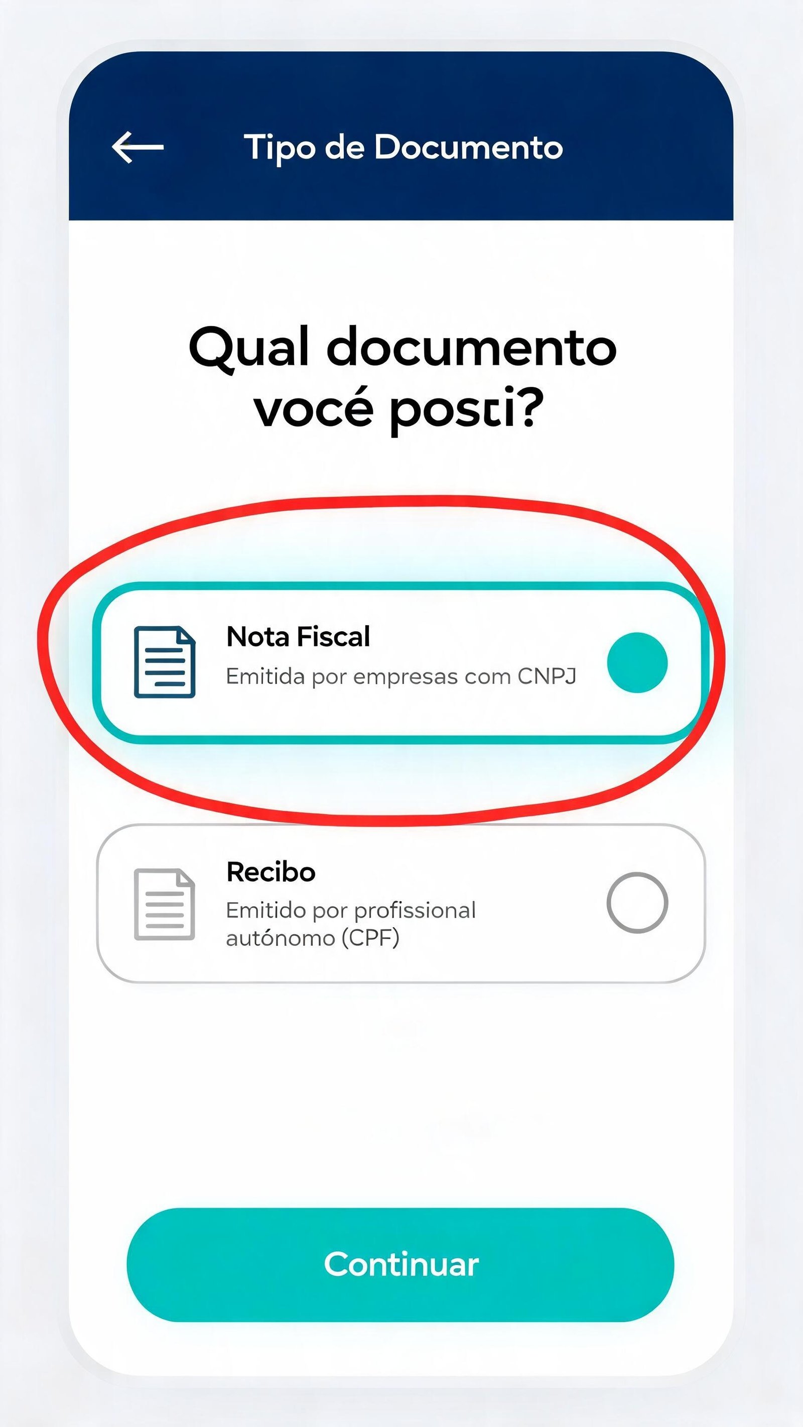 Ilustração da tela de escolha entre Nota Fiscal e Recibo com dois cards selecionáveis