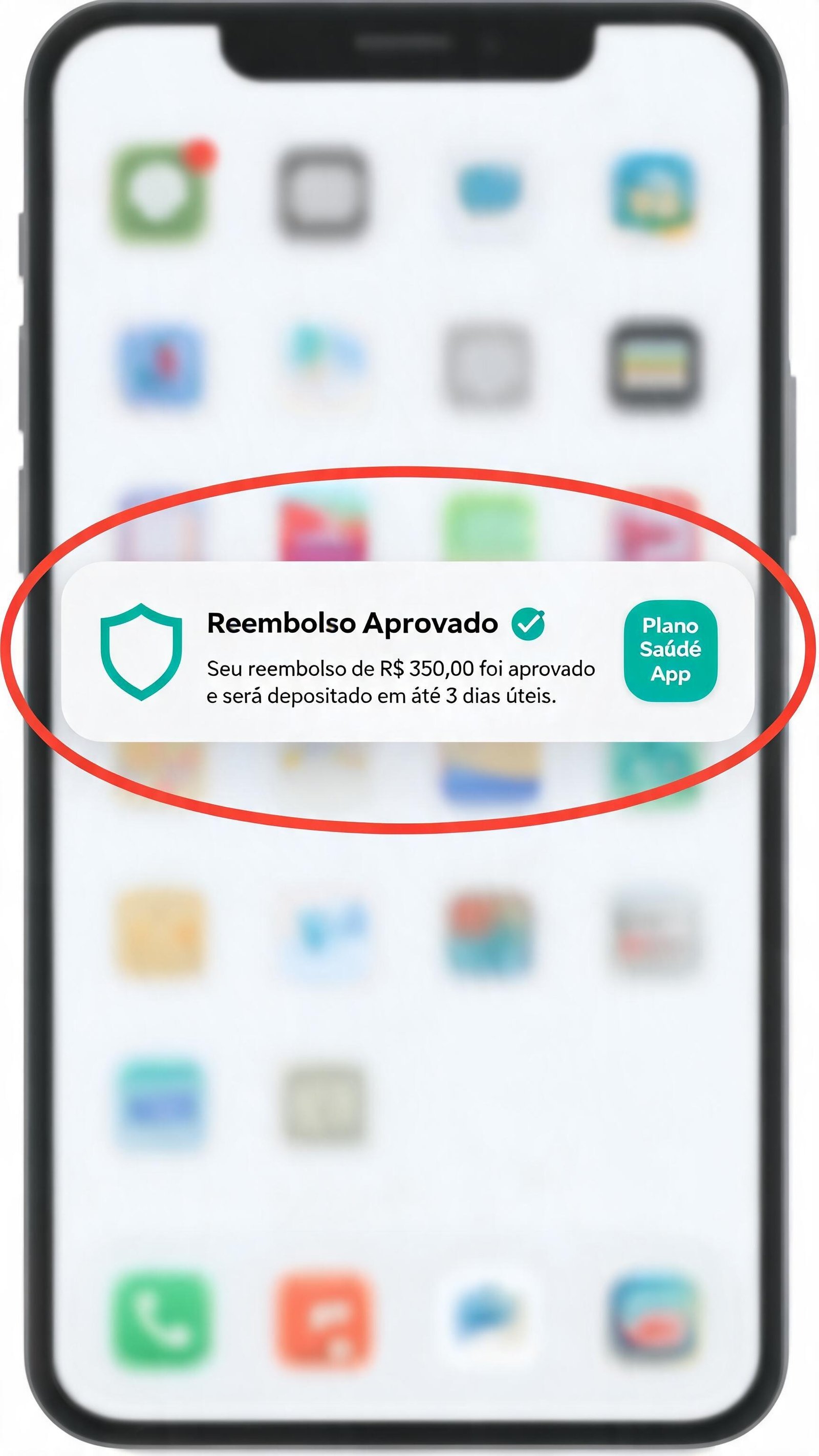 Ilustração de uma notificação push na tela do celular com mensagem de aprovação do reembolso e valor fictício