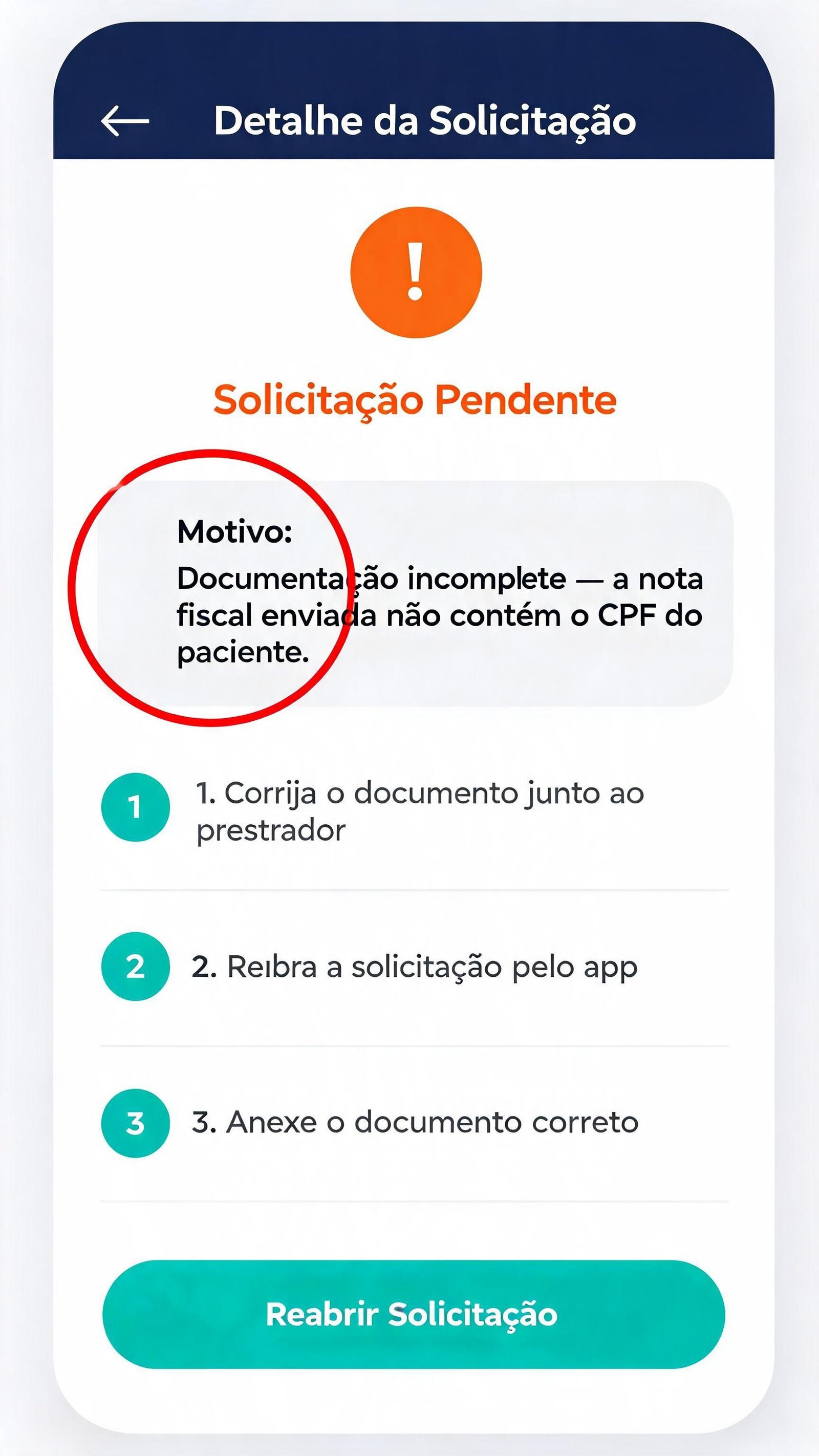 Ilustração da tela de solicitação pendente com motivo destacado e três etapas de ação para corrigir a documentação